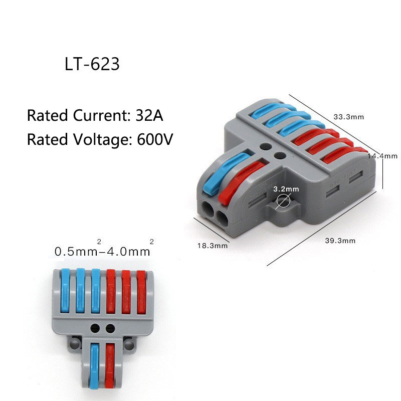2in4 LT422, 2in6 LT623, 3in6 LT633, 3in9 LT933 Quick Clamp Terminal Push-In Electrical Wire Connectors 2in4 LT422, 2in6 LT623, 3in6 LT633, 3in9 LT933 Quick Clamp Terminal Push-In Electrical Wire Connectors
